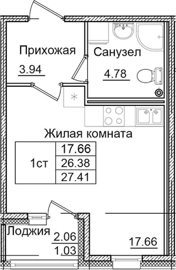 Квартира студия 27.41 м², 2/9 эт., ЖК «Квартал Заречье»